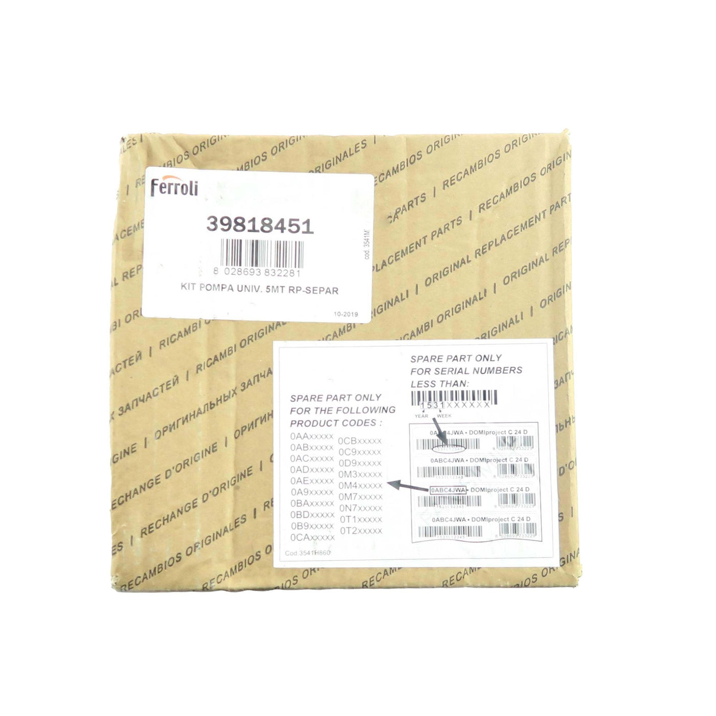 FERROLI DOMICOMPACT & OPTIMAX HE & HE PLUS PUMP ASSEMBLY 39818451