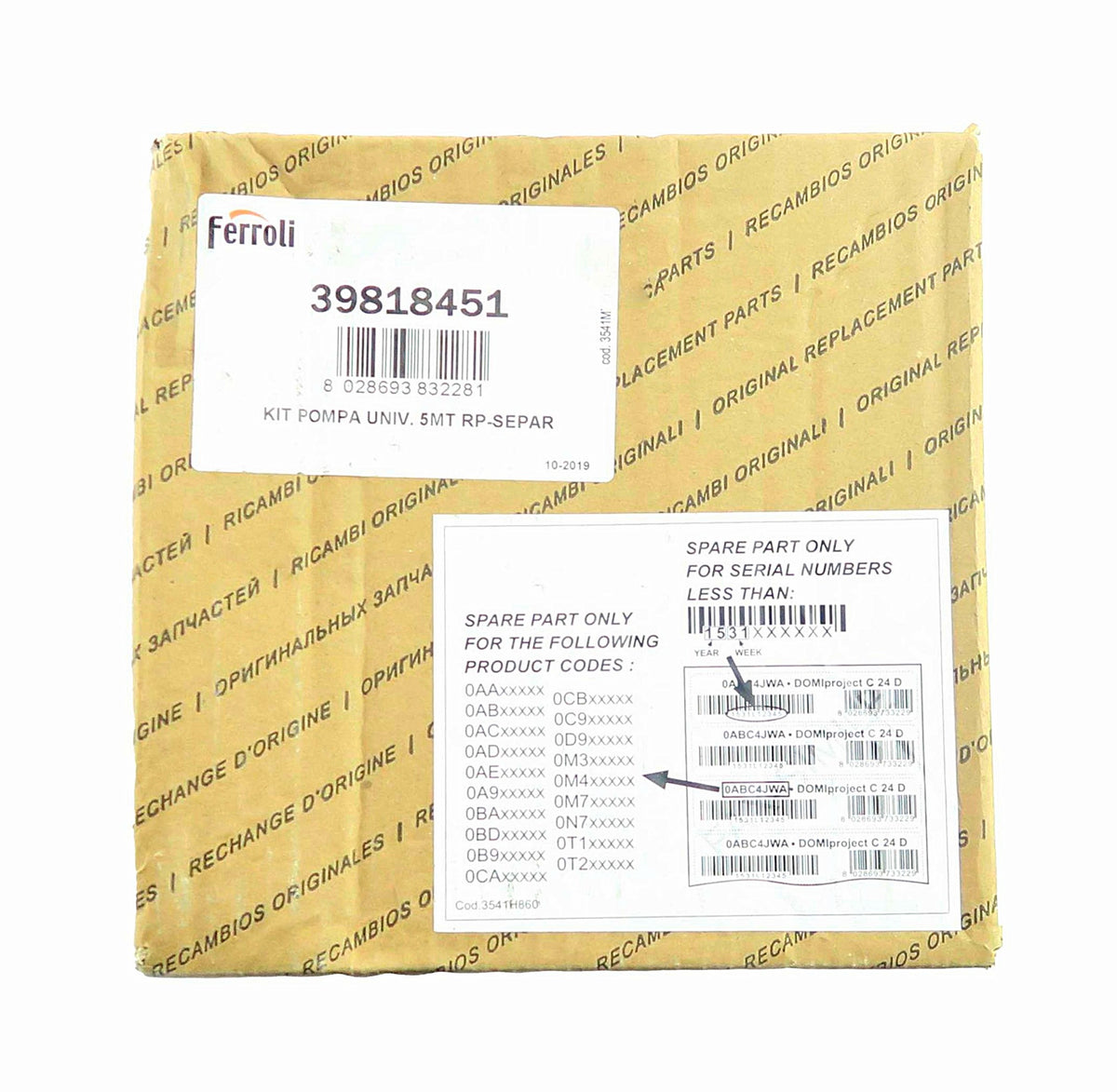 FERROLI DOMICOMPACT & OPTIMAX HE & HE PLUS  PUMP ASSEMBLY 39818451