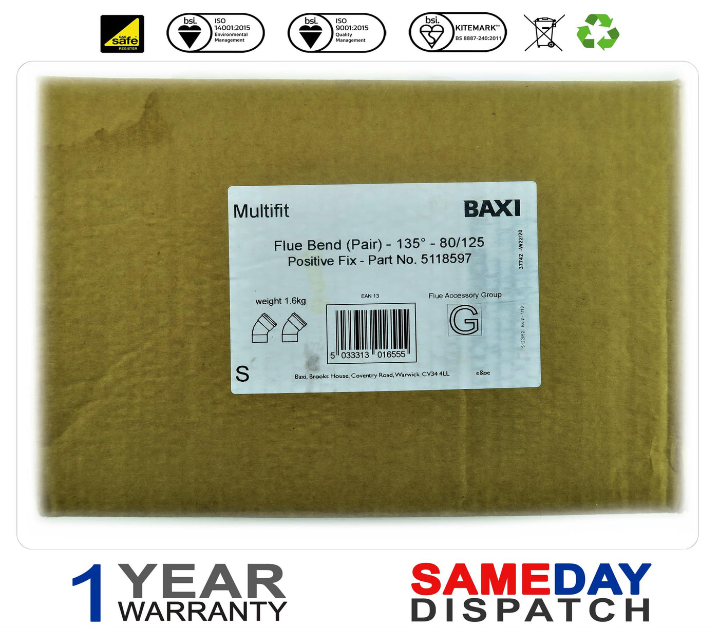 2 Pack Baxi Multi-Fit Ecoblue Boiler 135 ° Flue Bends 80/125mm 5118697